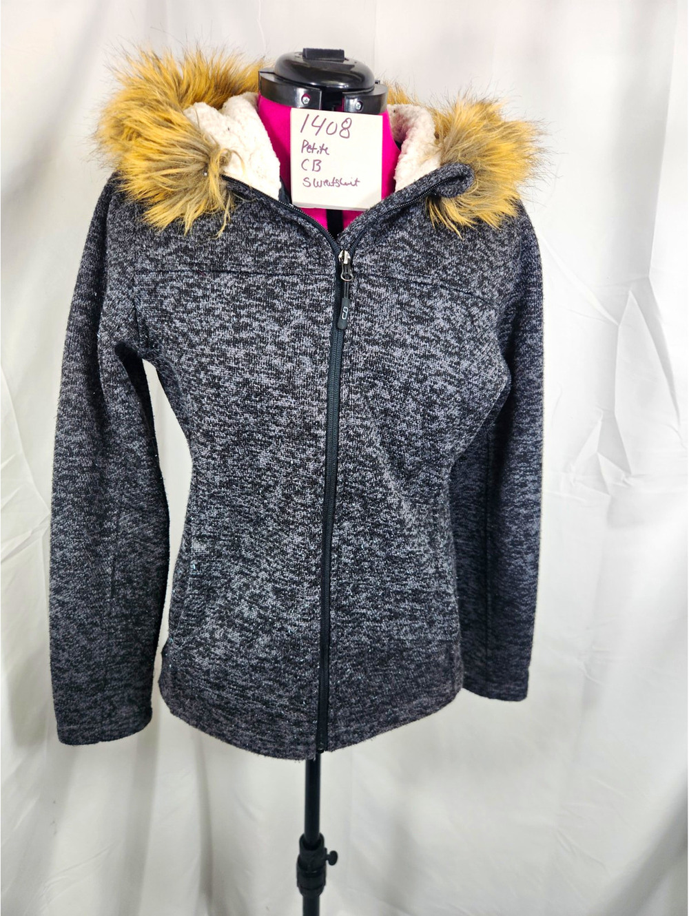 Croft & Barrow Women's S Gray Heathered Full Zip Hooded Fleece Faux Fur Trim